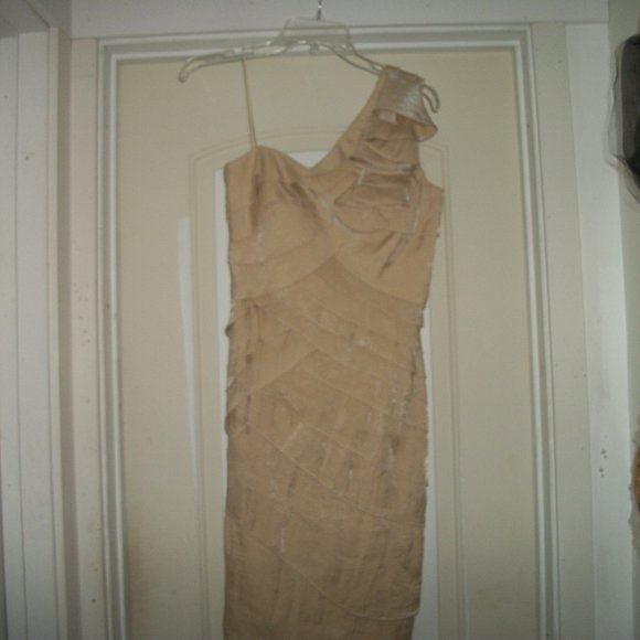 SWEET BEIGE SEMI RUFFLES TIERED ONE SHOULD DRESS 4 - Picture 1 of 6